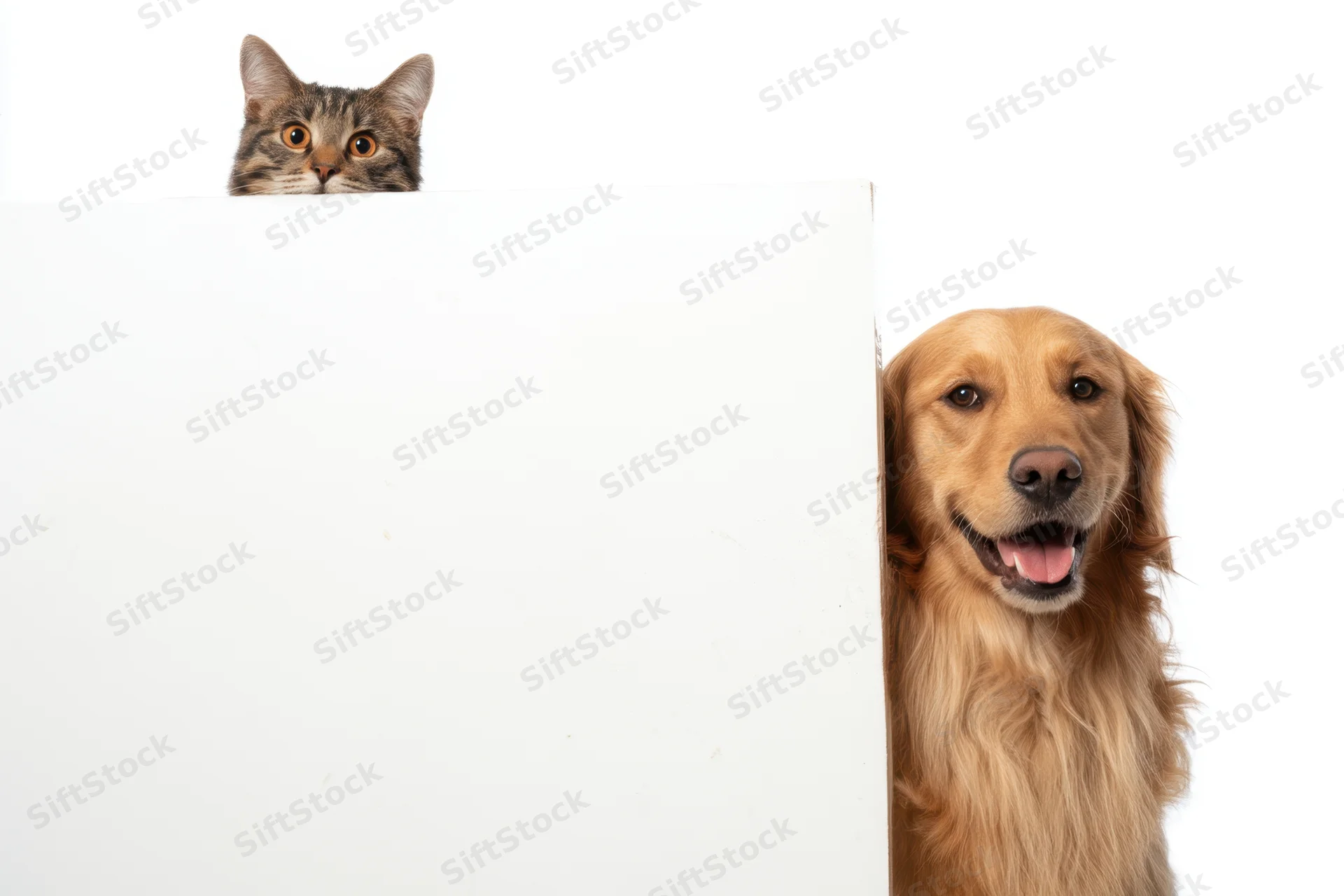 Tabby cat and golden retriever peeking from behind a white board in studio setting