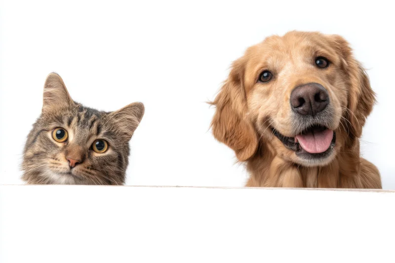 Tabby cat and golden retriever peeking over white surface with copyspace below
