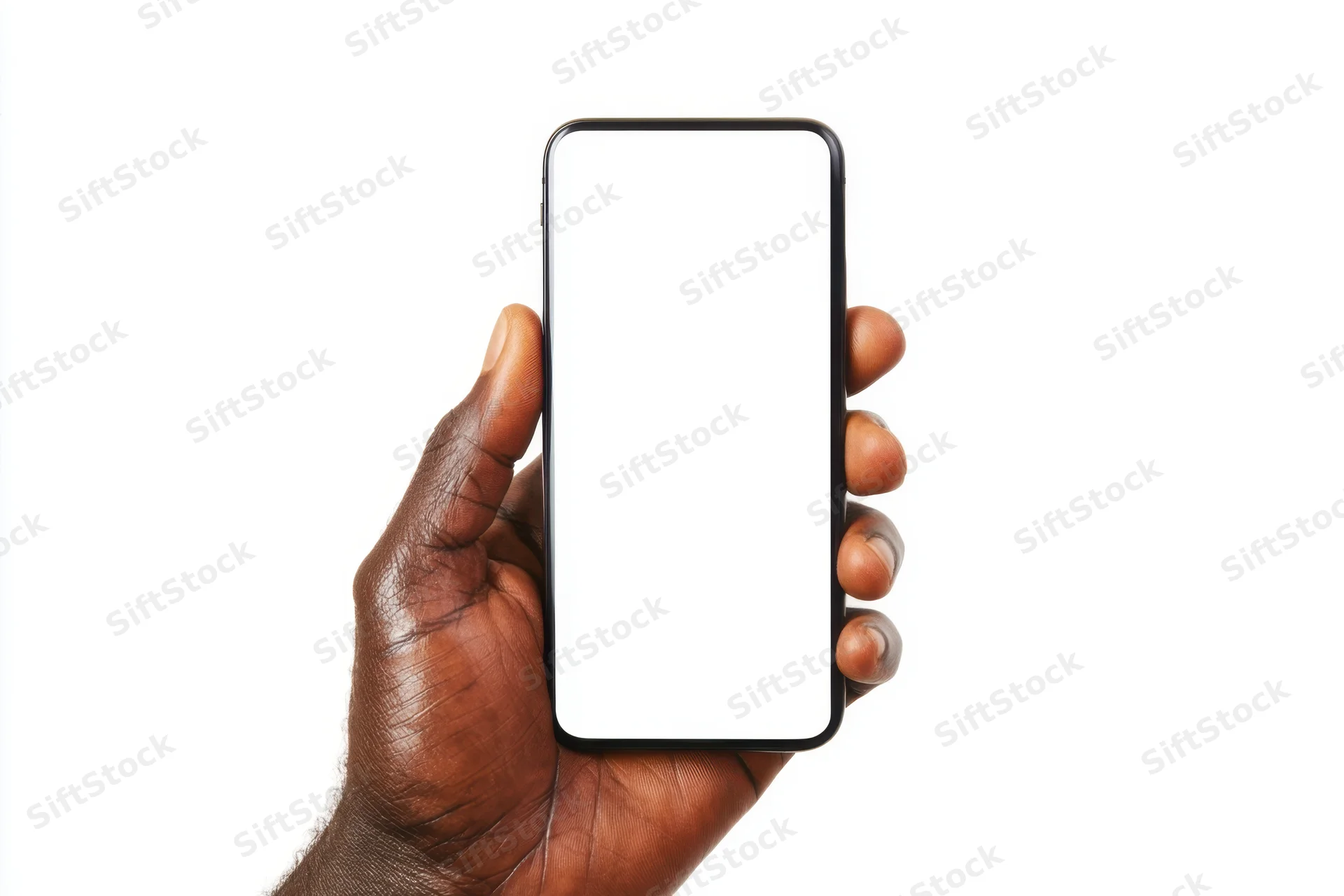 Dark-skinned hand holding a black-framed smartphone with blank white screen against white background