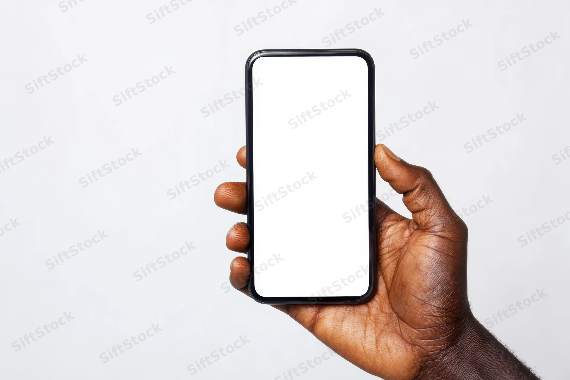 Dark-skinned hand holding a black-framed smartphone with blank white screen against white background