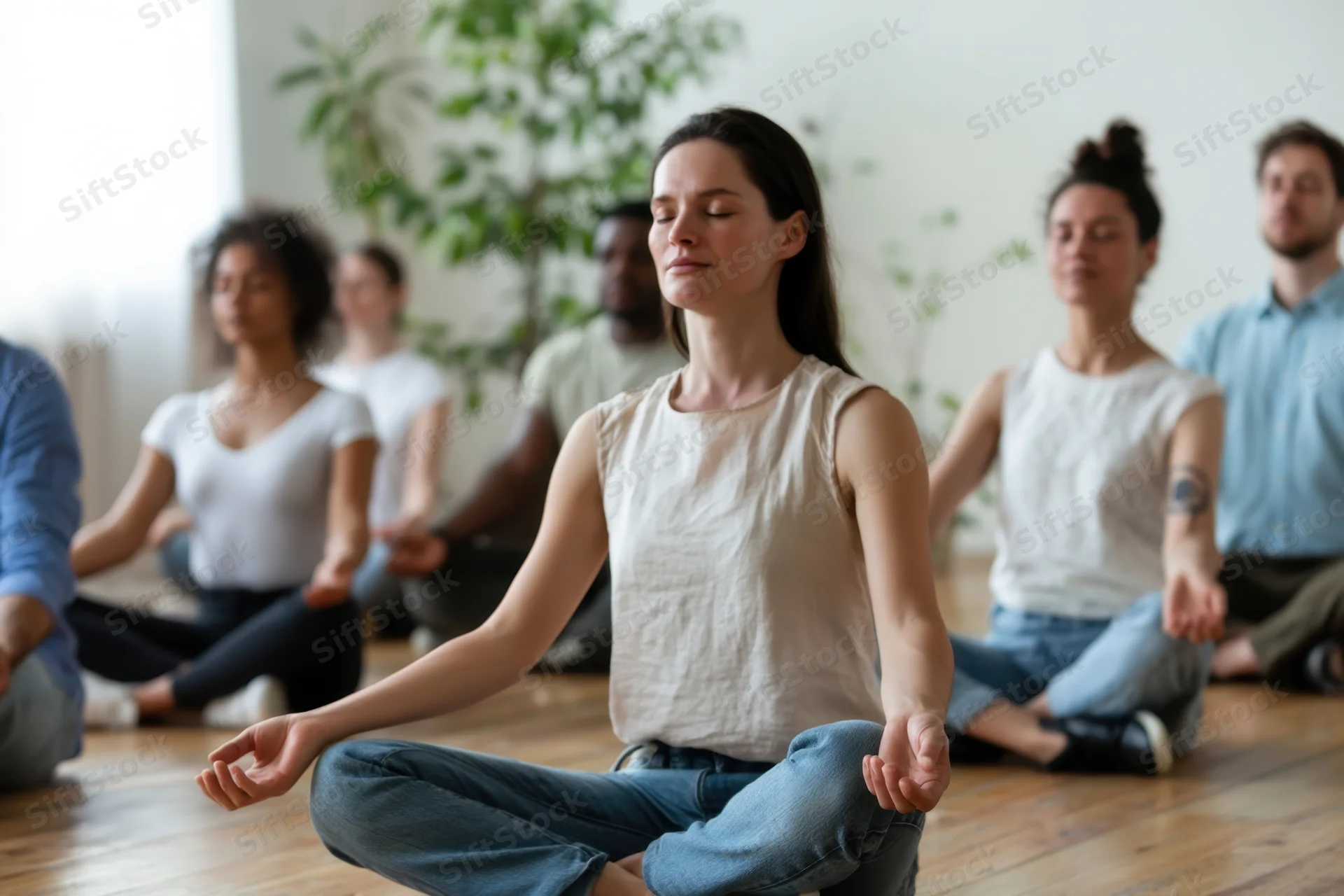 Woman meditating cross-legged with eyes closed in a group yoga session on wooden floor
