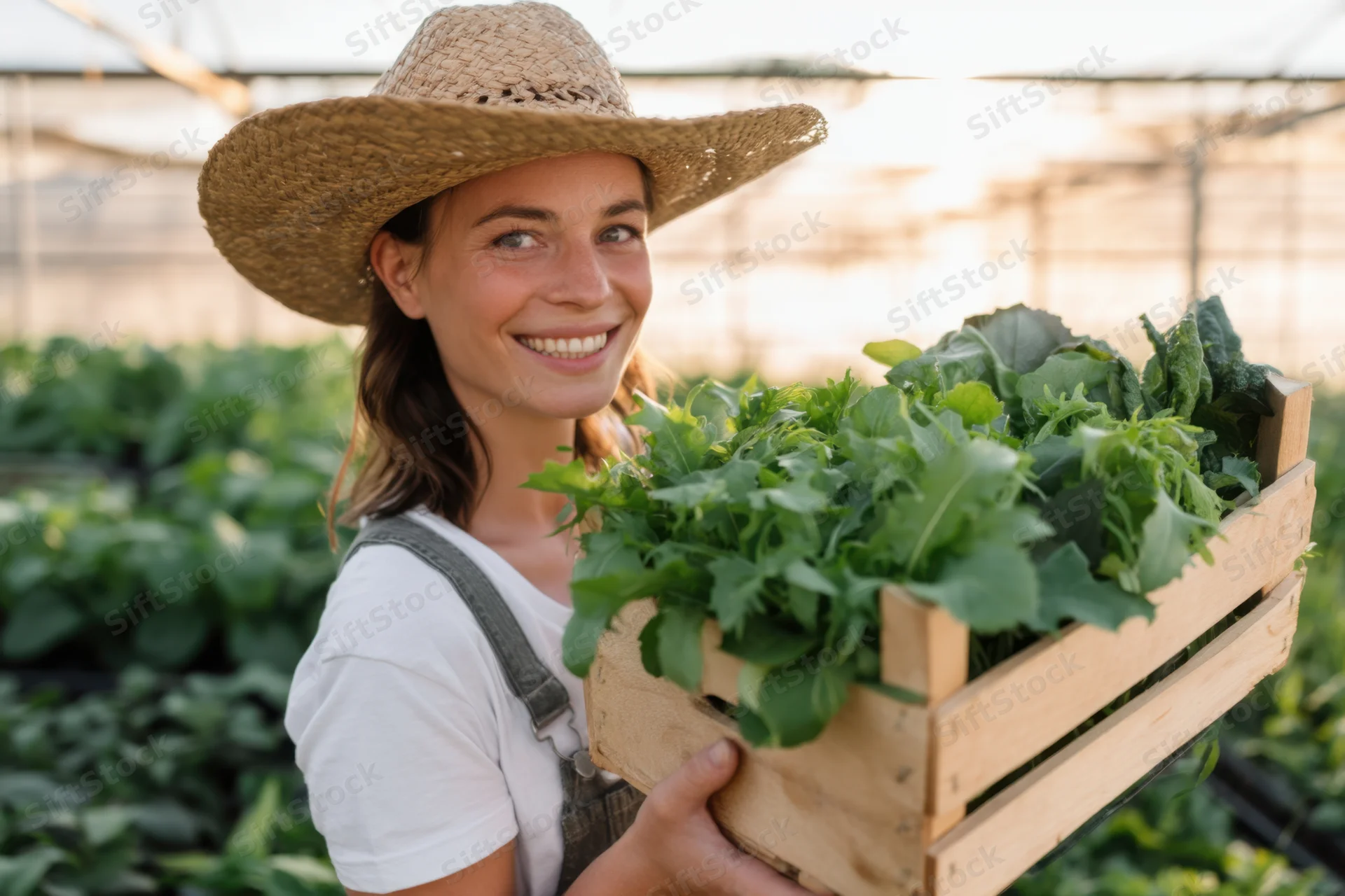 Woman farmer smiling while holding a wooden crate of fresh leafy vegetables in a greenhouse