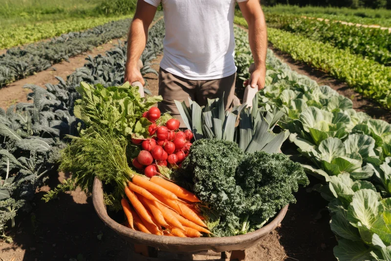 Farmer pushing a wheelbarrow full of freshly harvested vegetables through a garden field