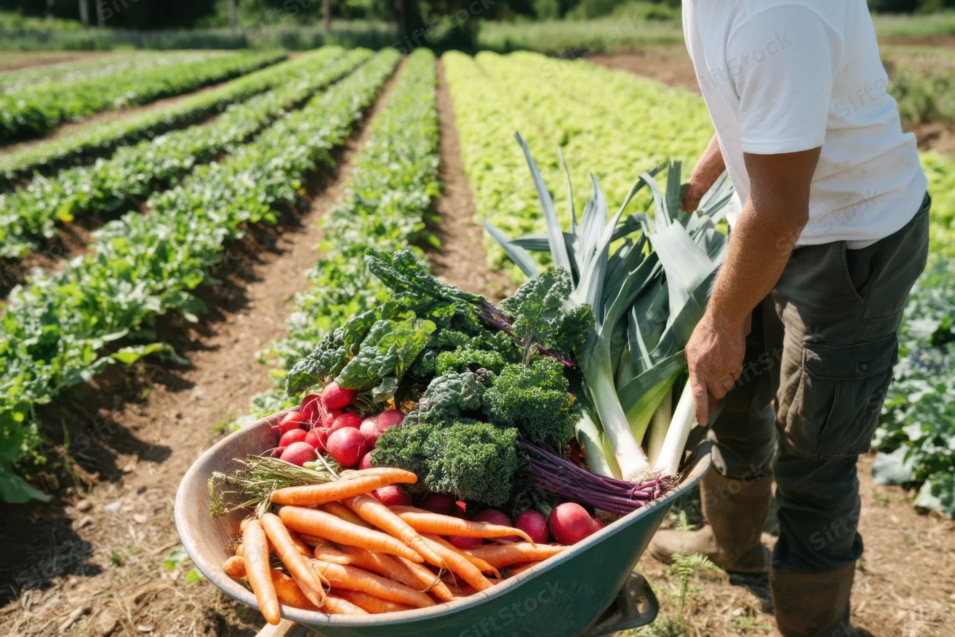 Farmer pushing a wheelbarrow full of freshly harvested vegetables through a garden field