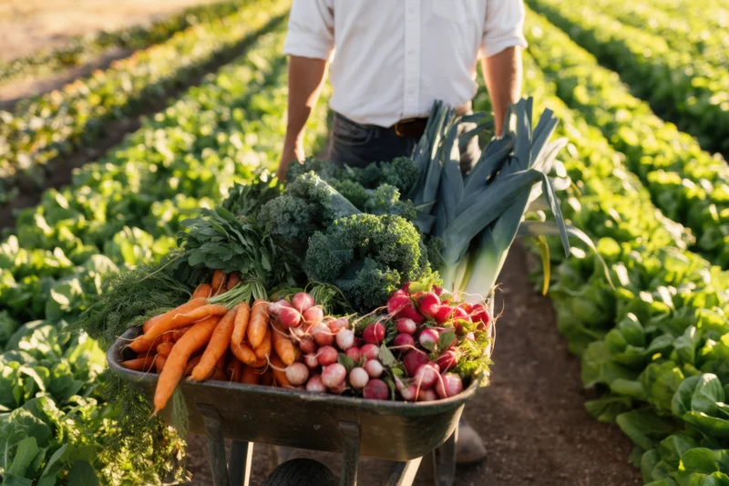 Farmer pushing wheelbarrow filled with fresh vegetables through rows of crops in a farm field
