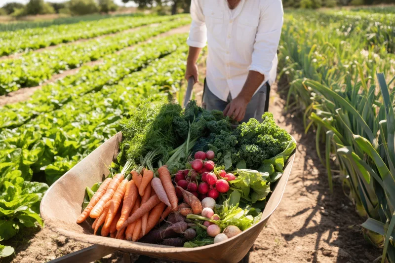 Farmer arranging fresh vegetables in a wheelbarrow in a garden field