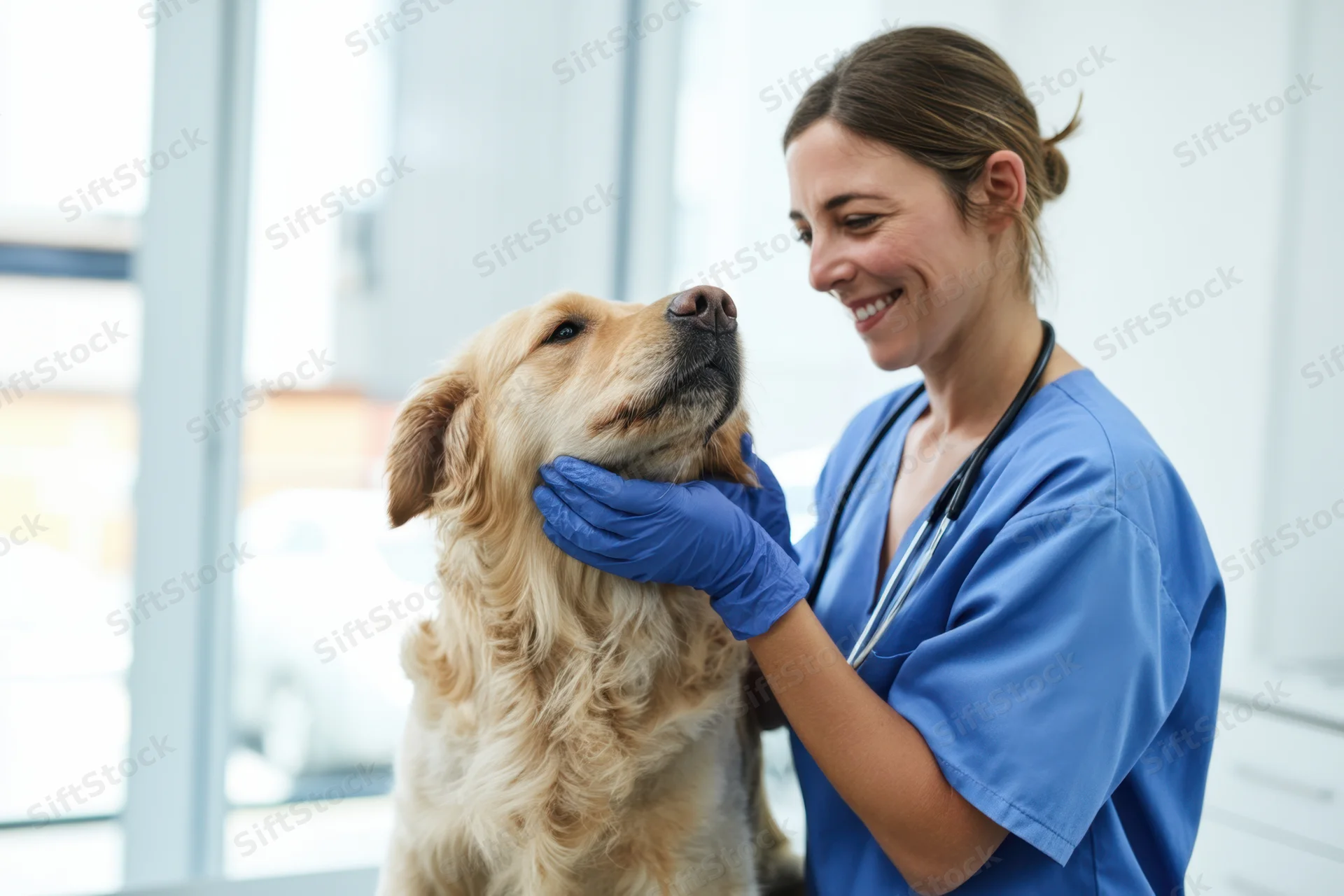 Female veterinarian smiling while examining golden retriever in clinic