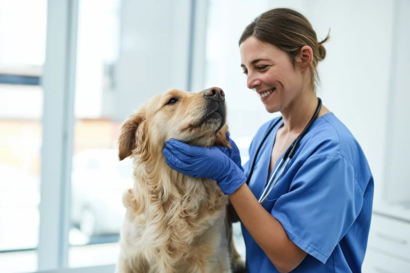 Female veterinarian smiling while examining golden retriever in clinic