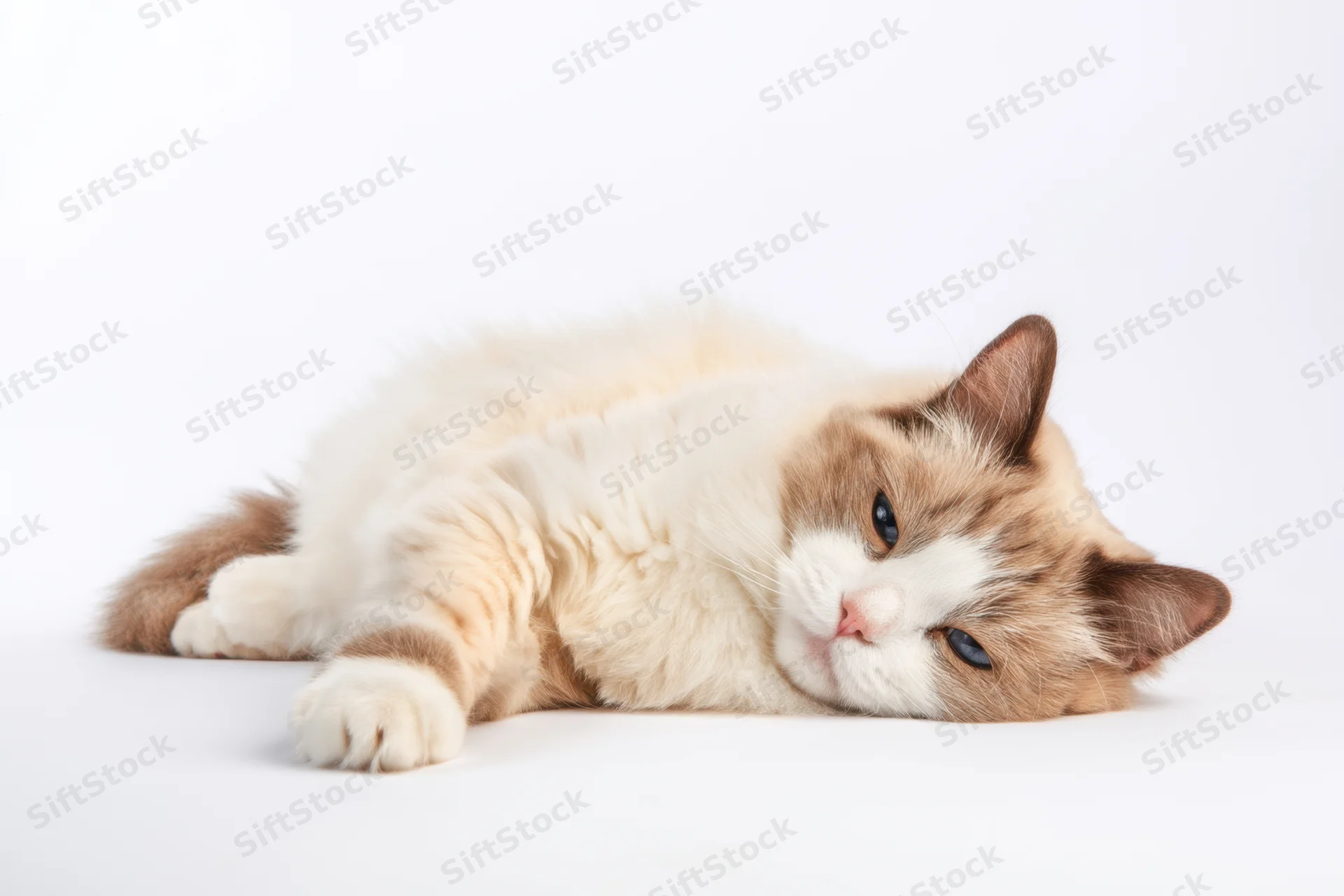 Fluffy colorpoint cat lying on its side on white studio background