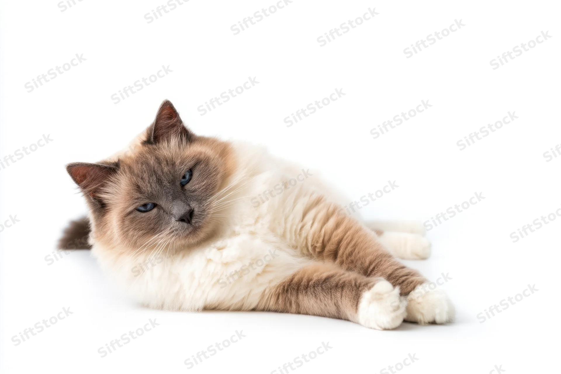 Fluffy colorpoint cat lying on its side on white studio background