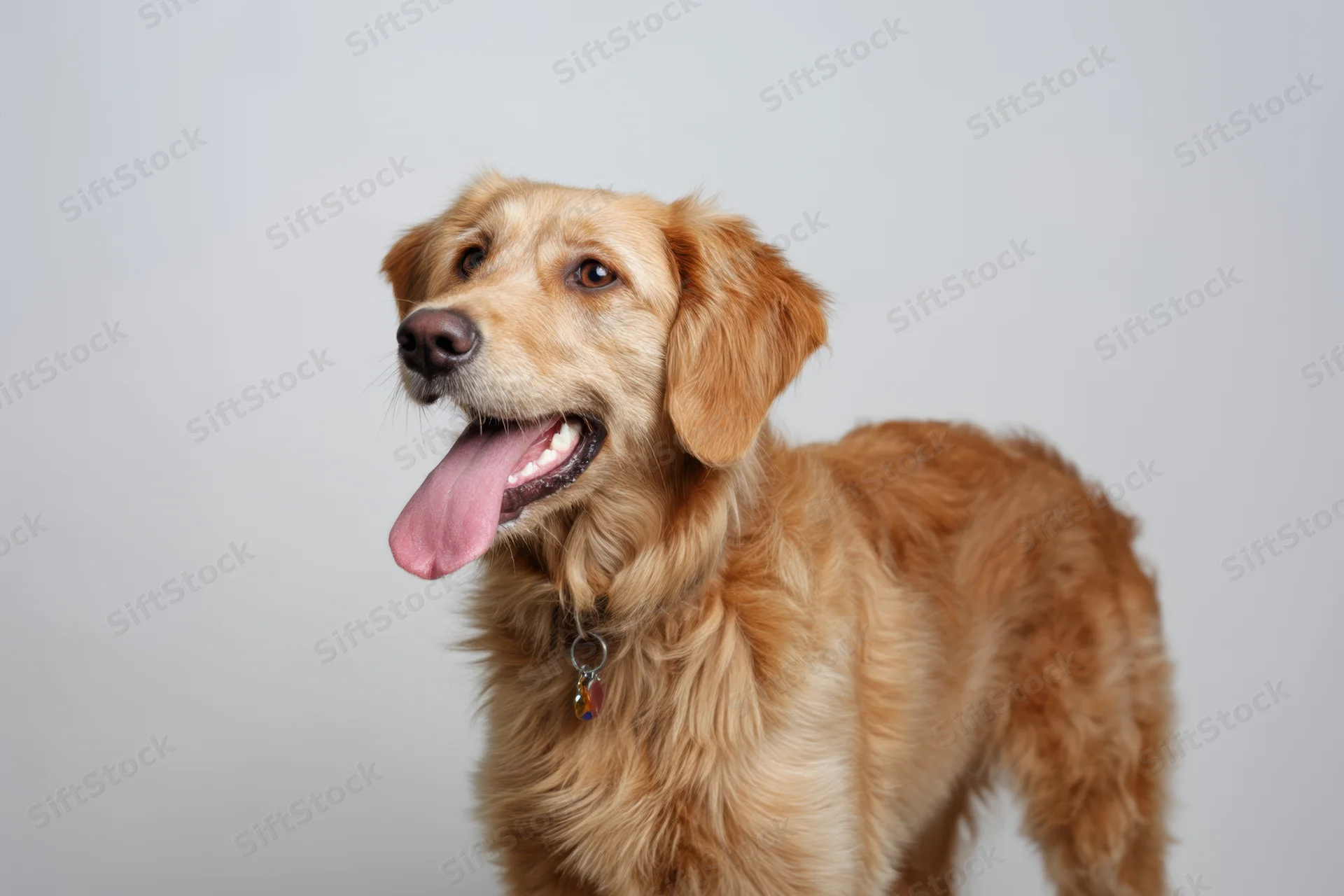 Golden doodle dog standing with tongue out in studio portrait