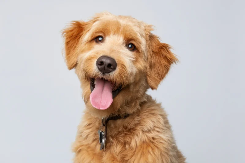 Fluffy golden-brown doodle dog panting with tongue out, wearing collar and tag, in studio portrait against white background