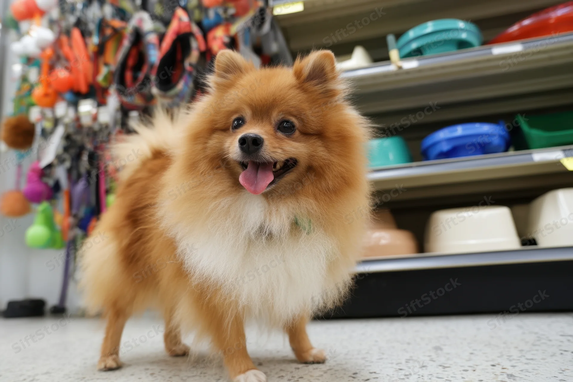 Fluffy orange and white pomeranian standing in a pet store aisle with shelves of bowls and toys behind