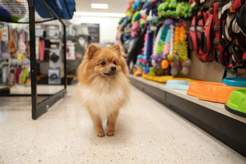 Fluffy orange and white pomeranian standing in a pet store aisle surrounded by dog toys and accessories