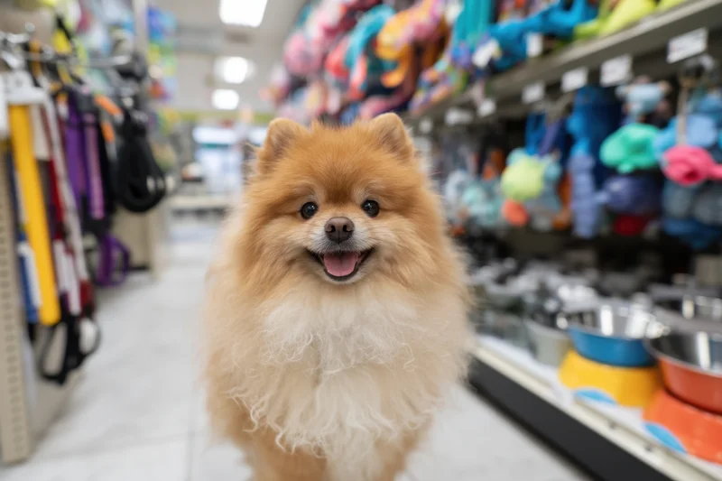 Fluffy orange and white pomeranian standing in a pet store aisle surrounded by pet supplies