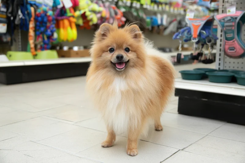 Fluffy orange and white pomeranian standing in a bright pet store aisle with toys and bowls on shelves around it