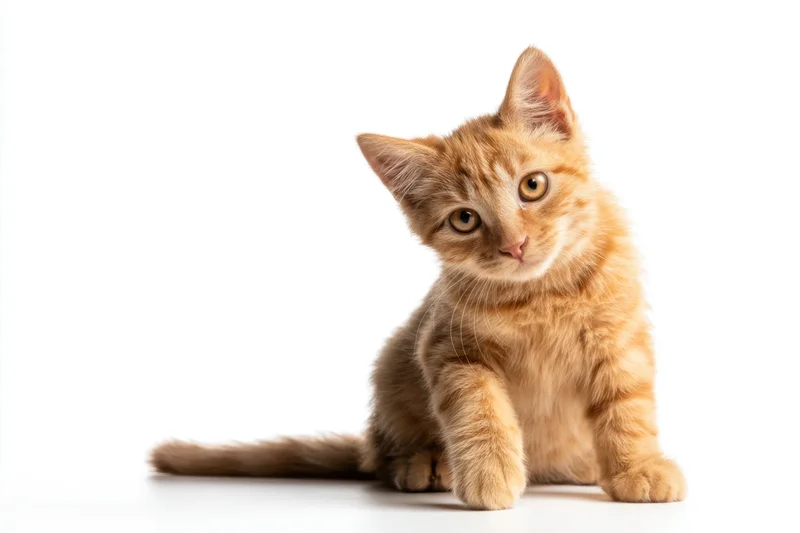 Fluffy orange tabby kitten sitting on white background with copyspace to the left