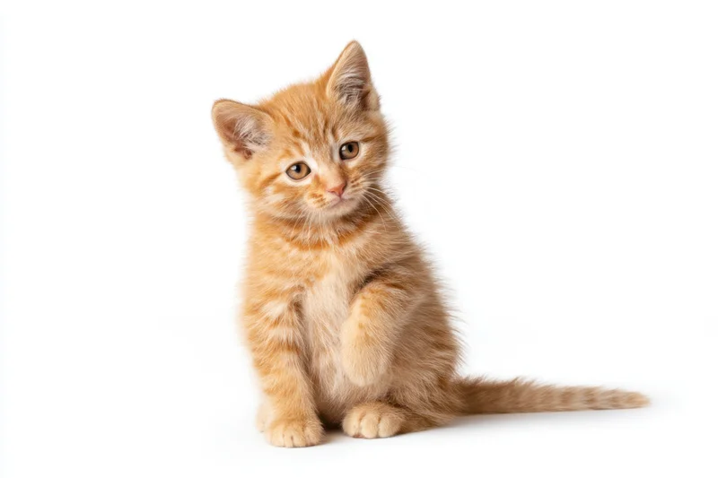 Fluffy orange tabby kitten sitting on white background