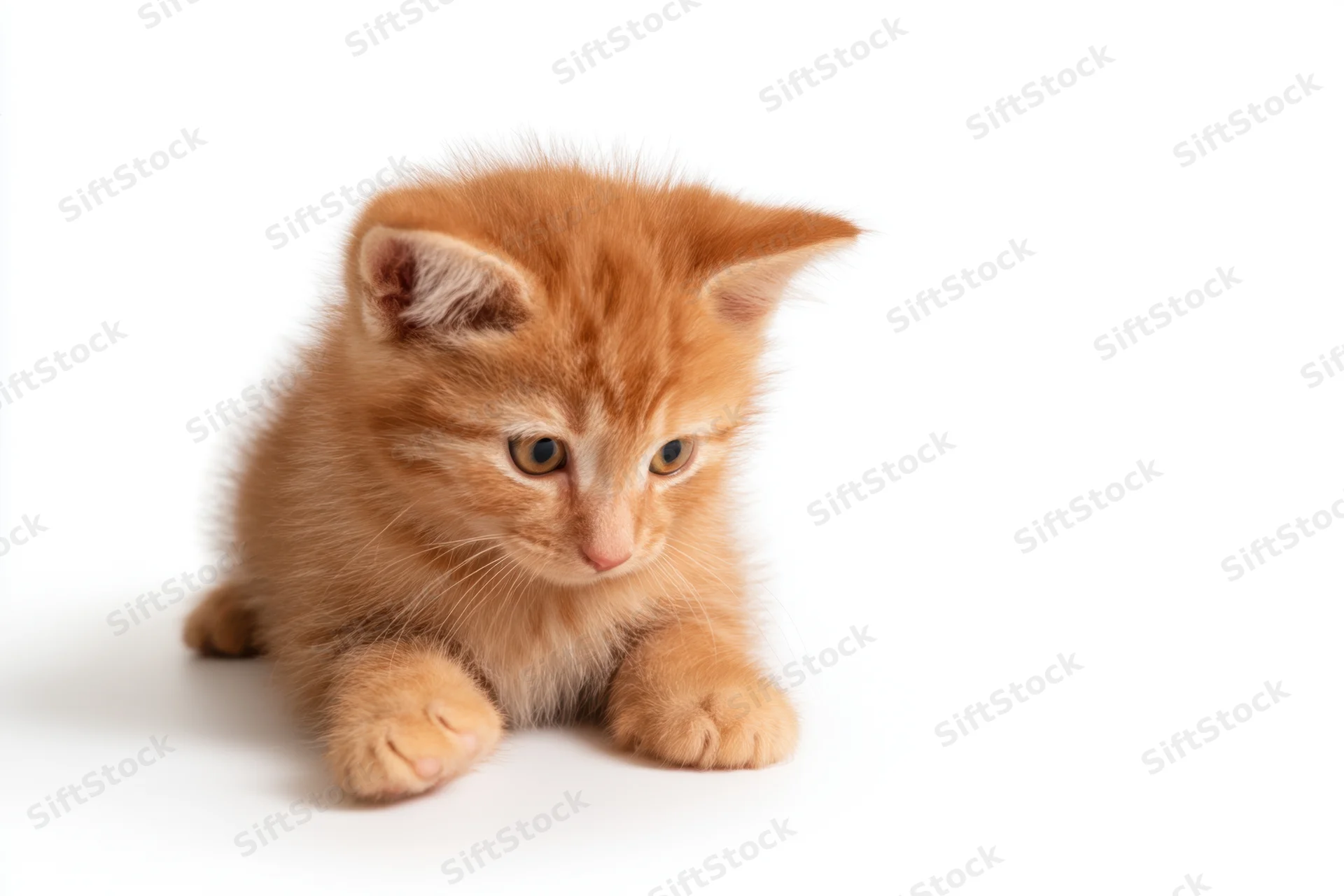 Fluffy orange tabby kitten sitting on white background with copyspace to the right