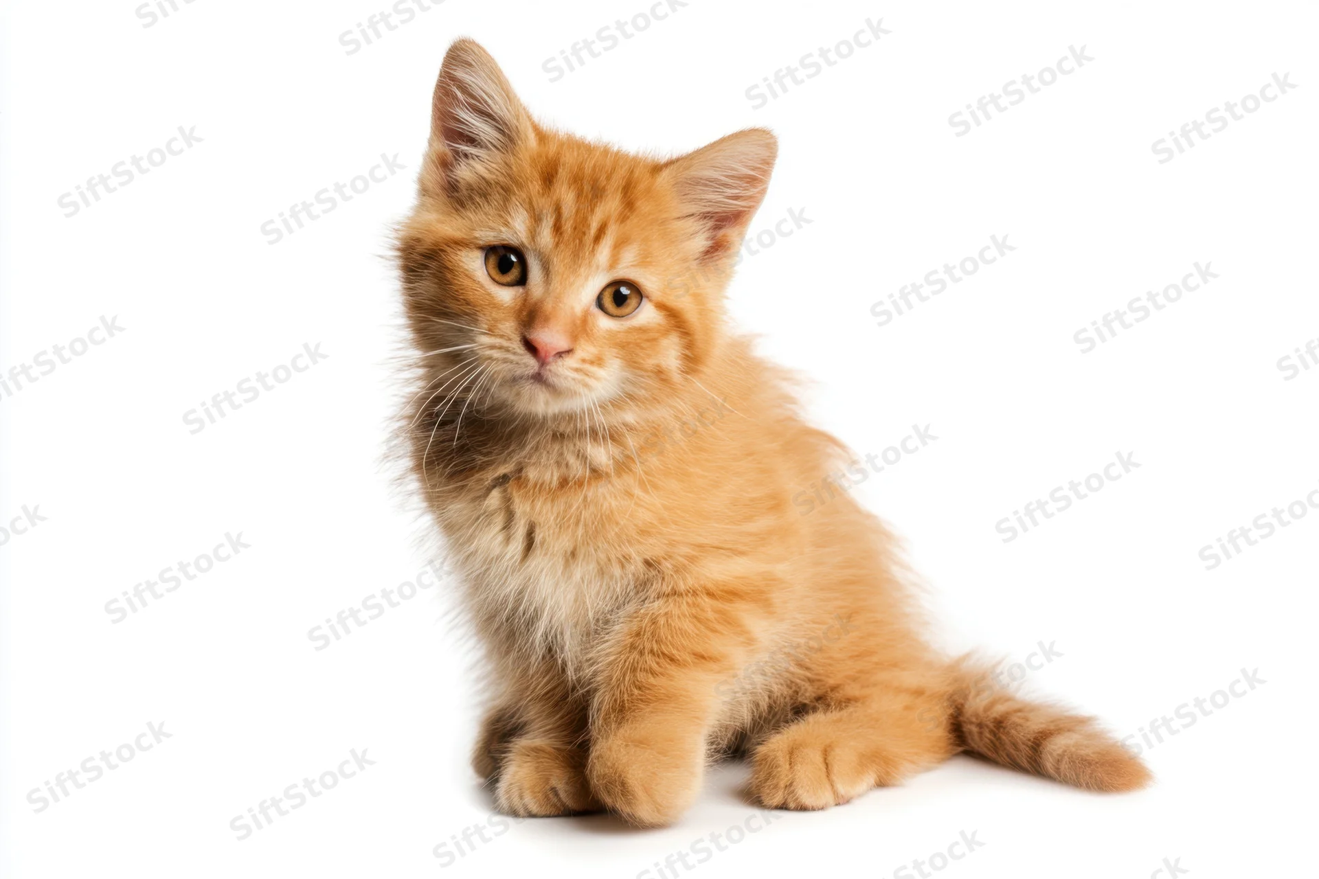 Fluffy orange tabby kitten sitting on white background