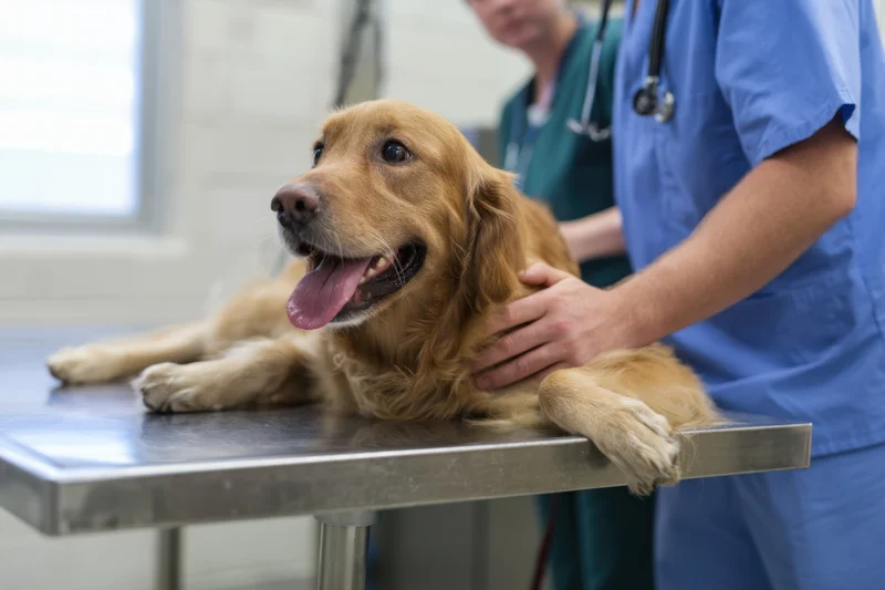Golden retriever lying on stainless steel table during veterinary examination