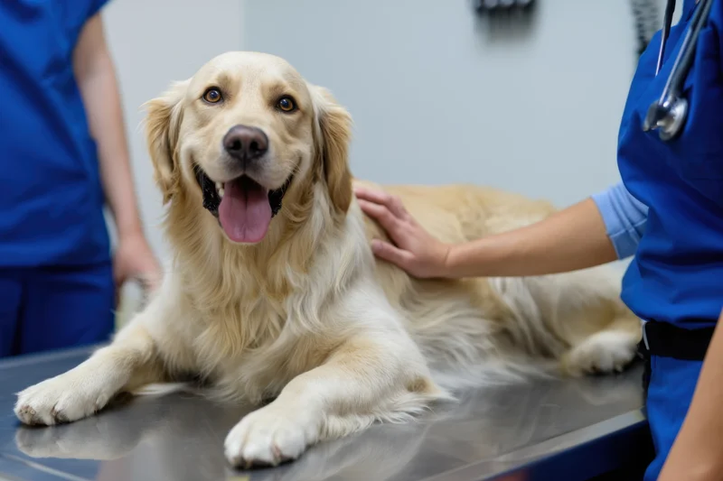 Golden retriever lying on stainless steel table during veterinary examination