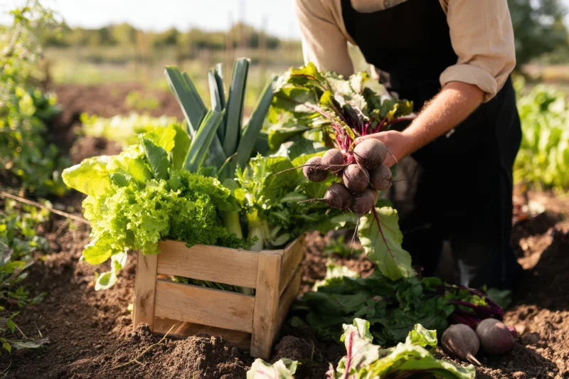 Gardener harvesting fresh vegetables into a wooden crate in a garden