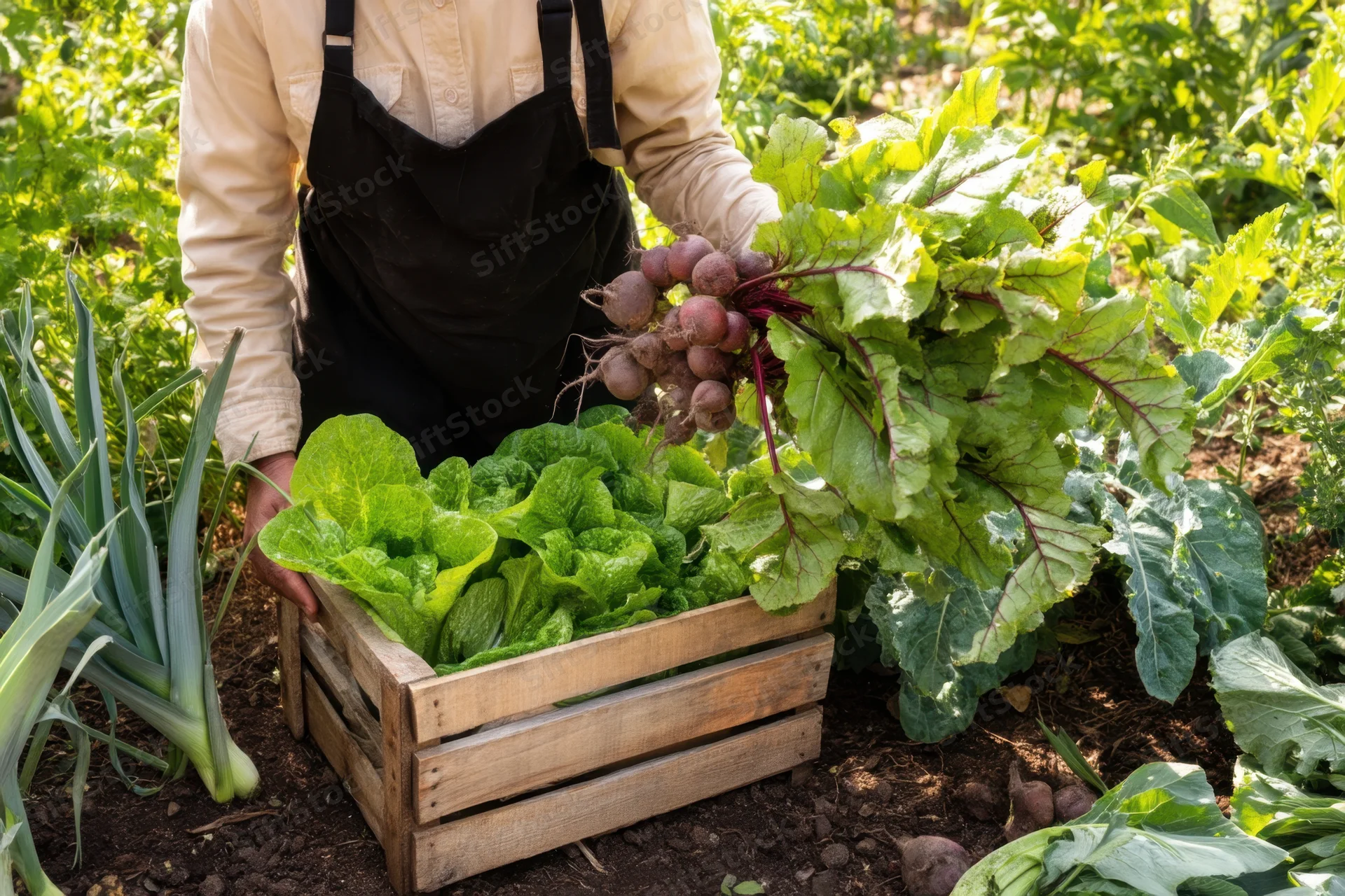 Woman gardener holding wooden crate filled with fresh lettuce and beets in vegetable garden