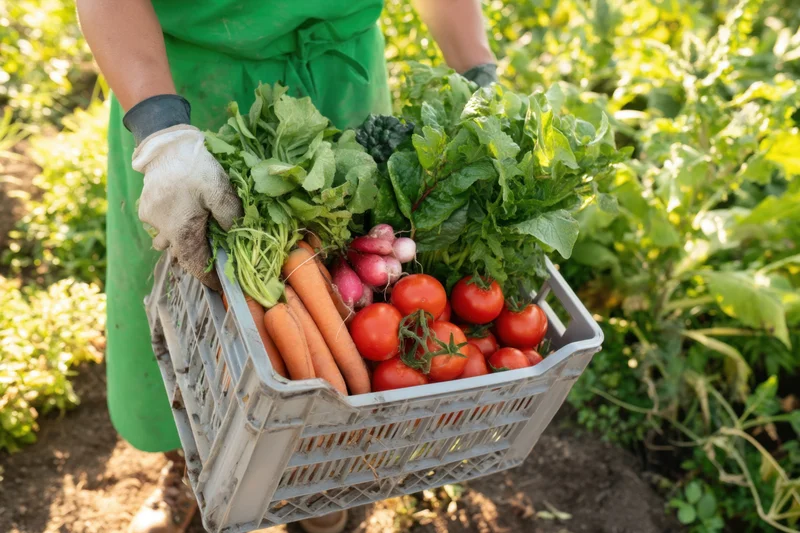 Gardener holding a basket of freshly harvested vegetables in a garden