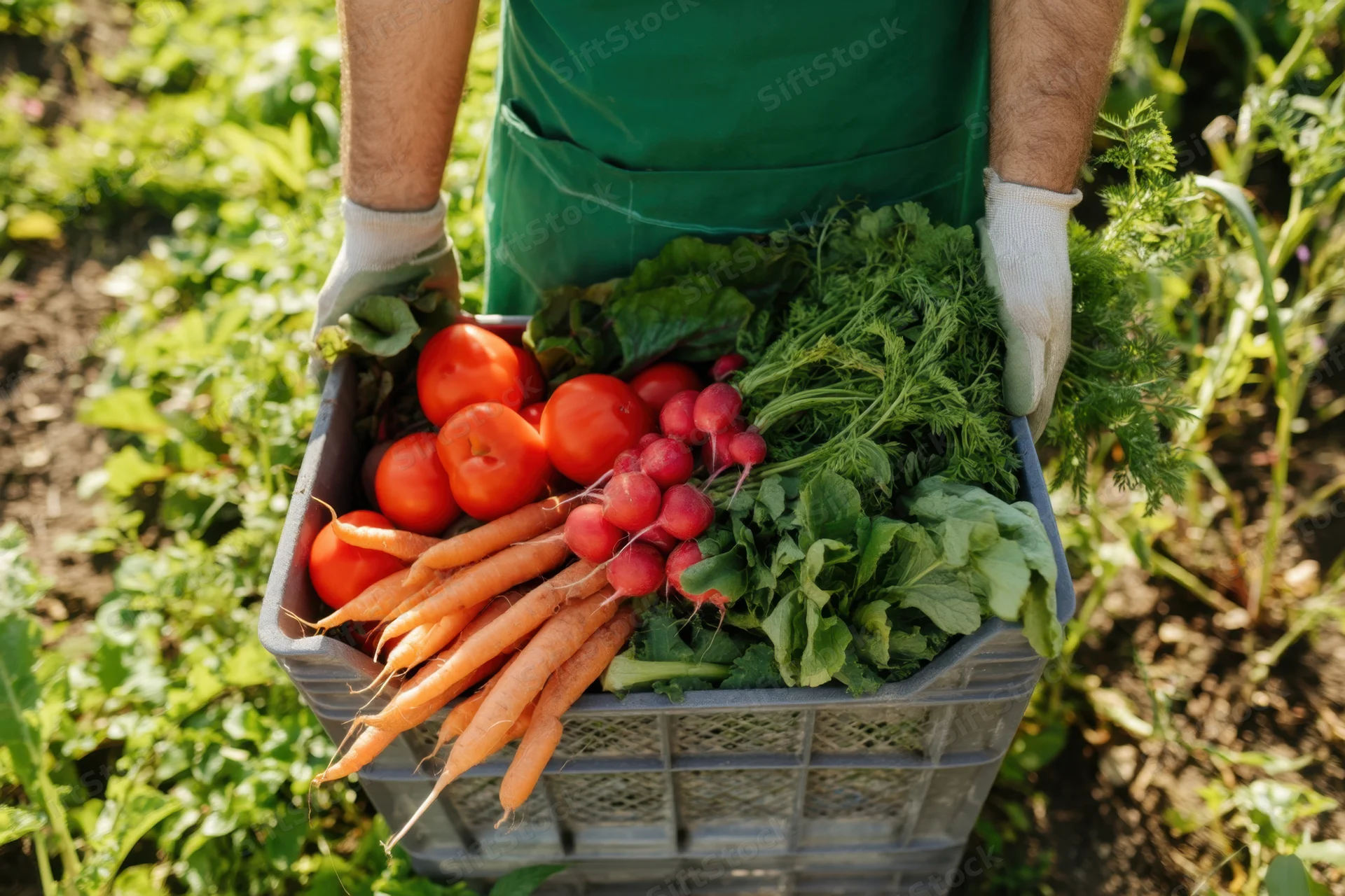 Gardener holding a crate of freshly harvested vegetables in a garden