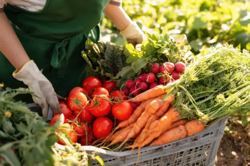 Woman in green apron and gloves holding basket of freshly harvested tomatoes, carrots, radishes, and leafy greens in garden