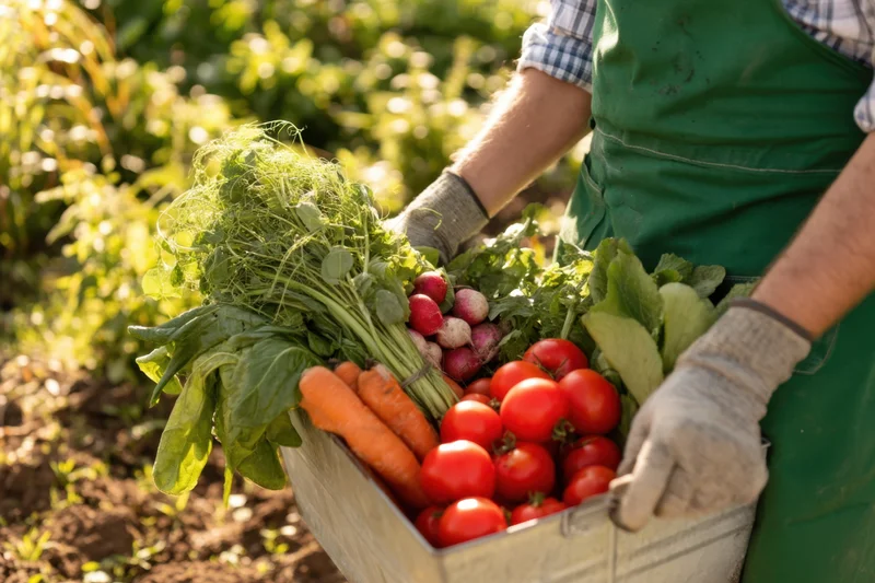 Gardener holding a metal basket filled with fresh vegetables in a garden