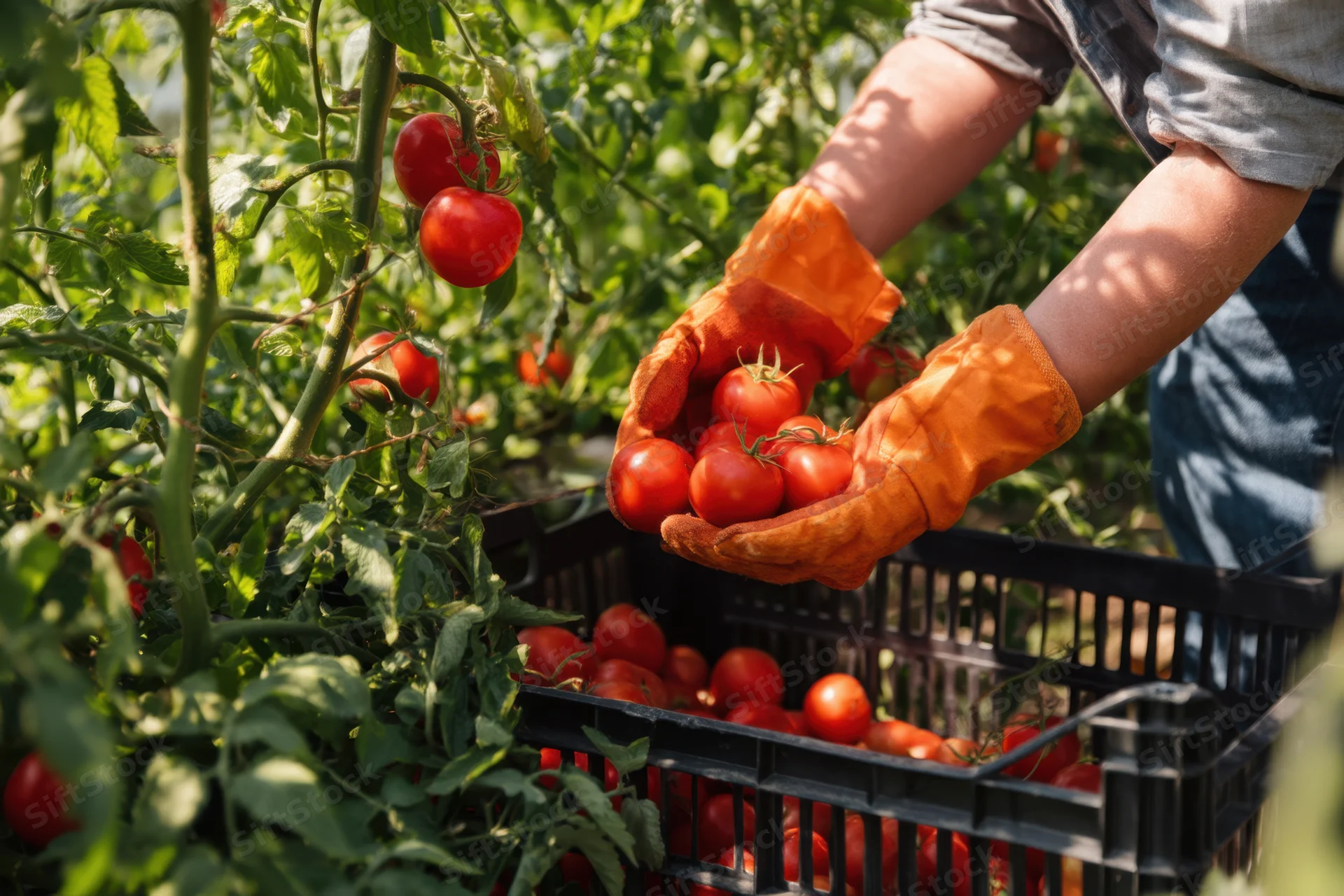Gardener harvesting ripe red tomatoes from a vine in a greenhouse garden