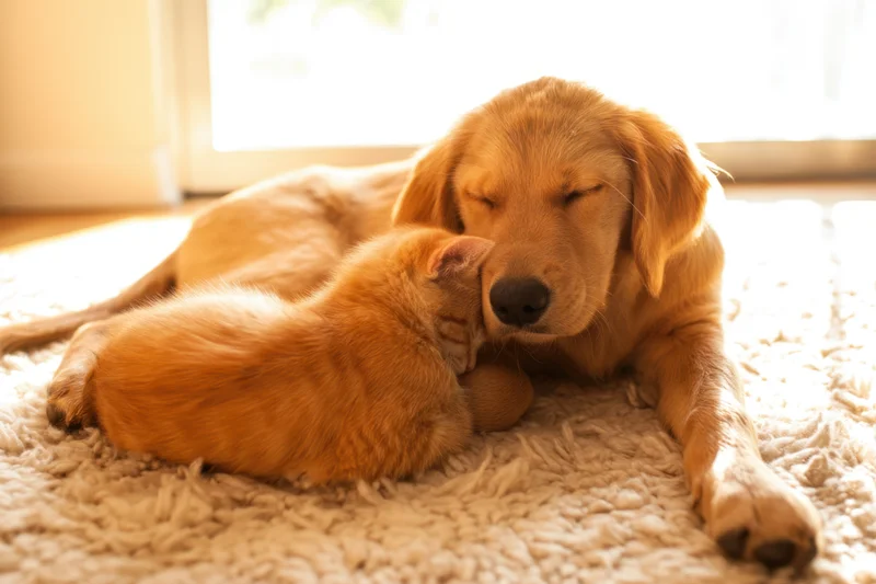 Golden puppy and orange kitten snuggling together on a rug near a sunlit window
