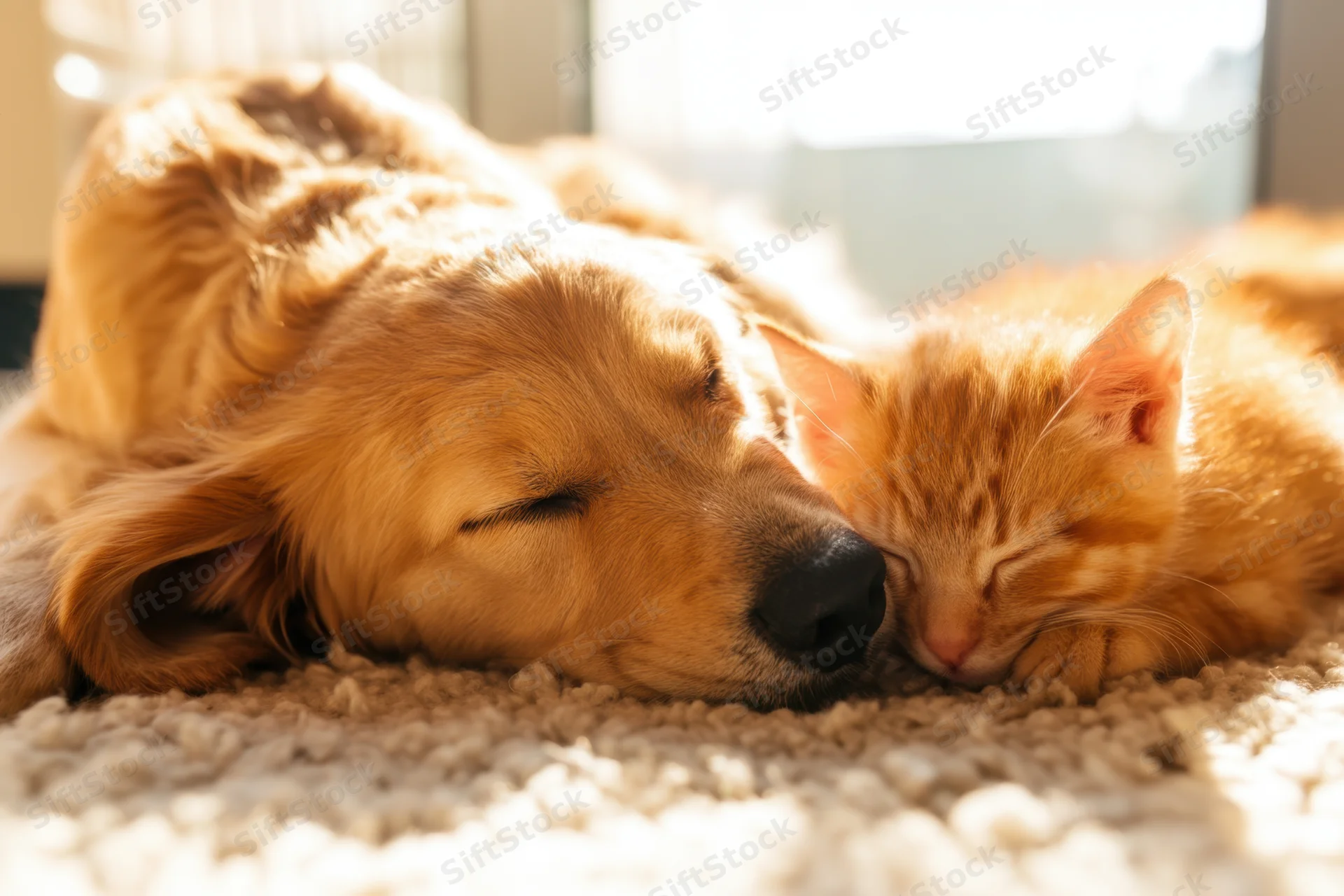 Golden retriever puppy and orange kitten sleeping together on a rug near a window