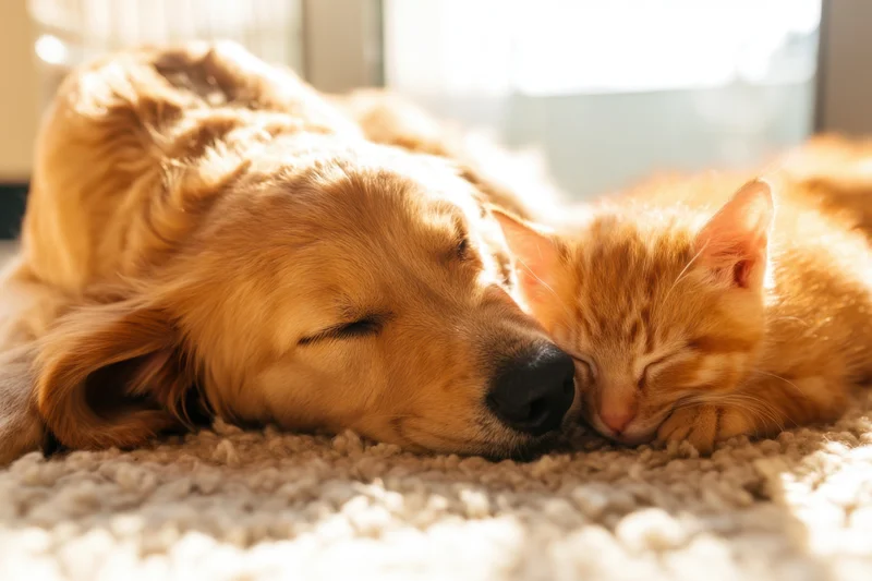 Golden retriever puppy and orange kitten sleeping together on a rug near a window