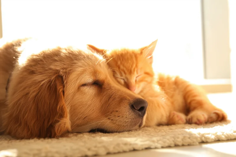 Golden puppy and orange kitten sleeping together on a rug by a window