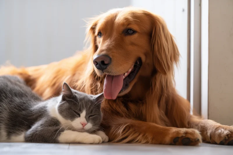 Golden retriever and gray-and-white cat resting together on a tiled floor indoors