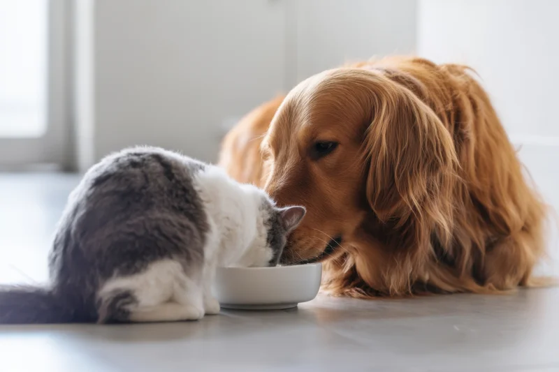 Golden retriever and gray-and-white cat drinking from a white bowl on a floor indoors