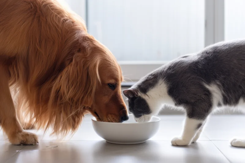 Golden retriever and gray-and-white cat drinking from a white bowl together on a tiled floor near a window