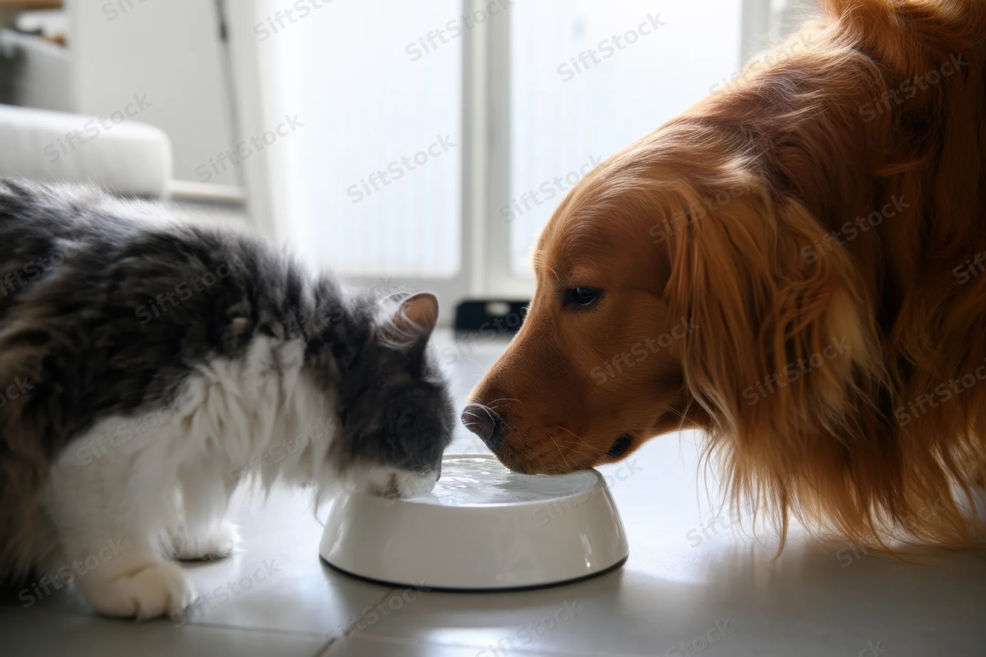 Golden retriever and gray-white cat drinking from same water bowl on tiled floor near window