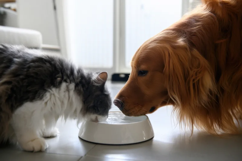 Golden retriever and gray-white cat drinking from same water bowl on tiled floor near window