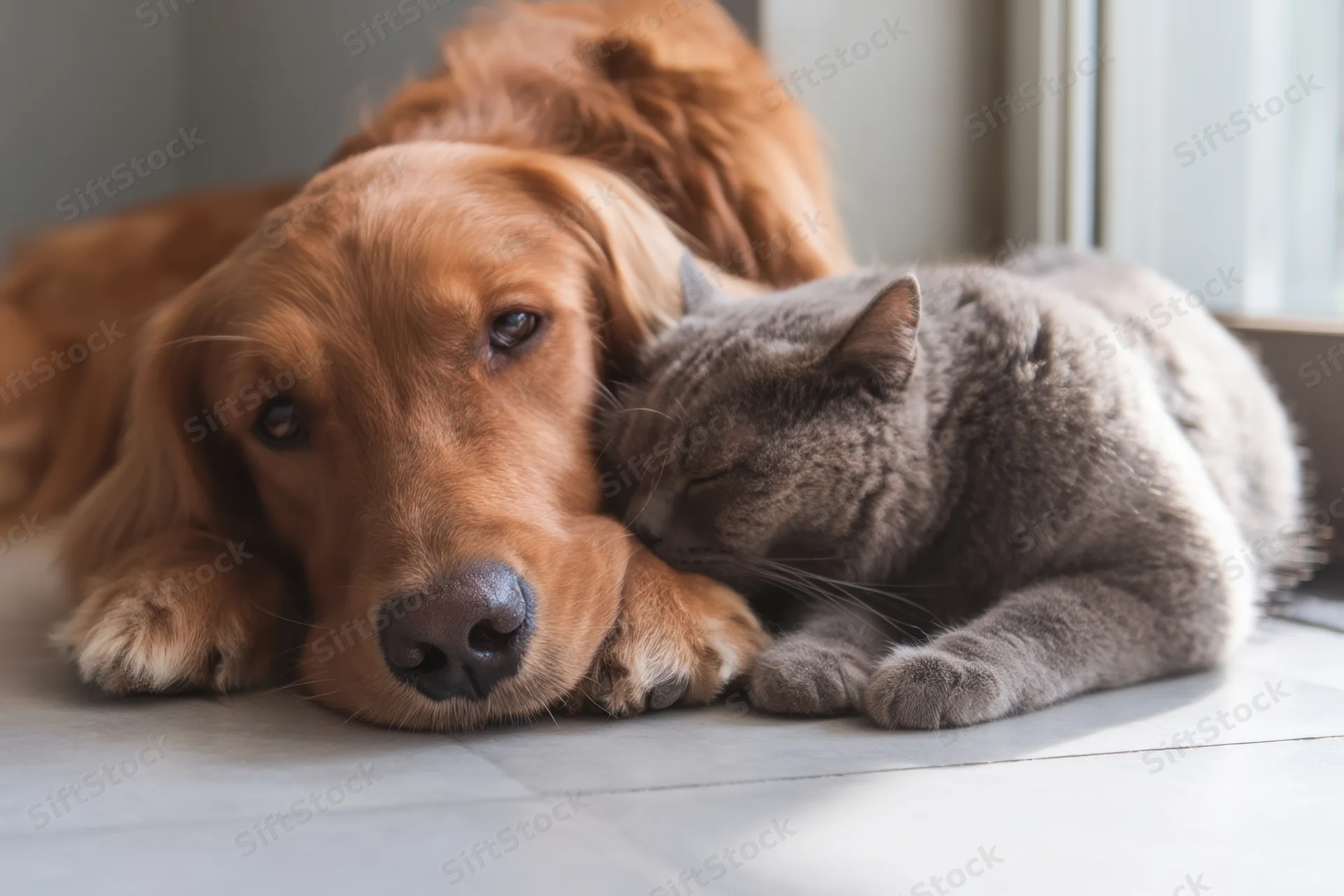 Golden retriever and gray cat cuddling side by side on tiled floor near window