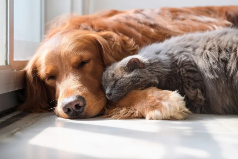 Golden retriever and gray cat sleeping together on a sunlit floor near a window
