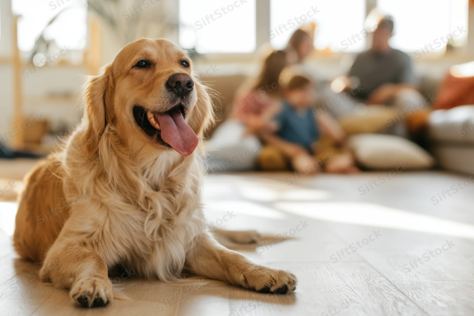 Golden retriever lying on wooden floor with family in background living room