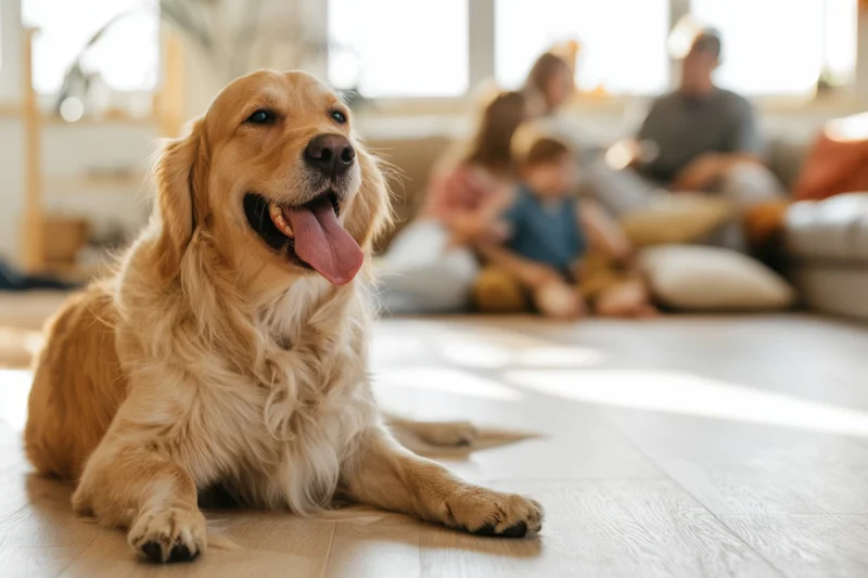 Golden retriever lying on wooden floor with family in background living room