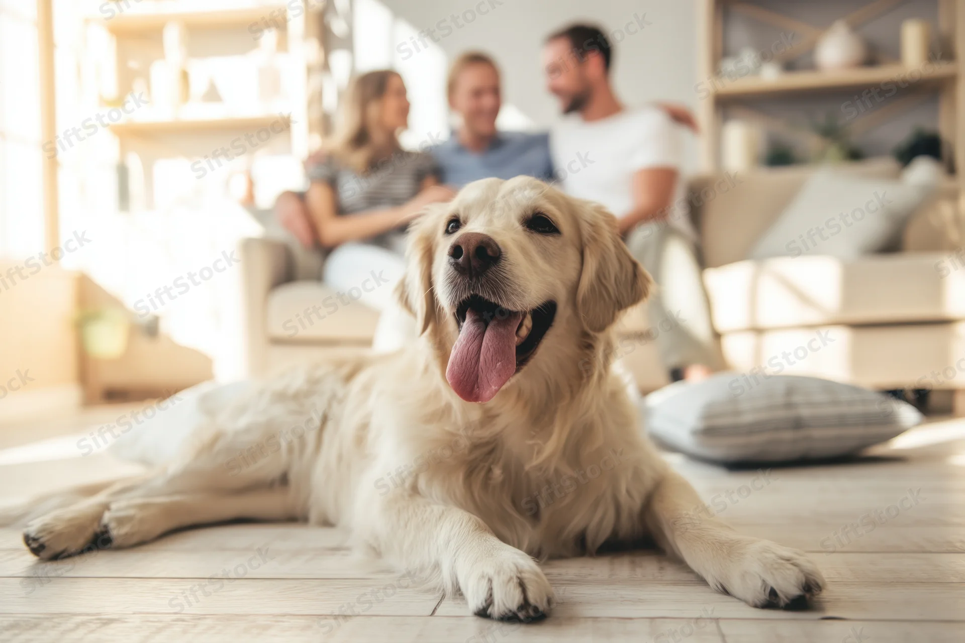 Golden retriever lying on wooden floor with family relaxing on couch in background