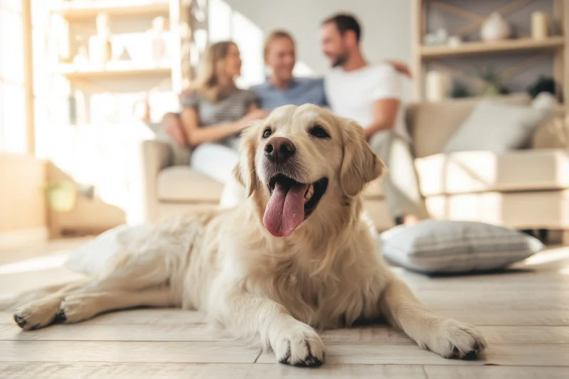 Golden retriever lying on wooden floor with family relaxing on couch in background