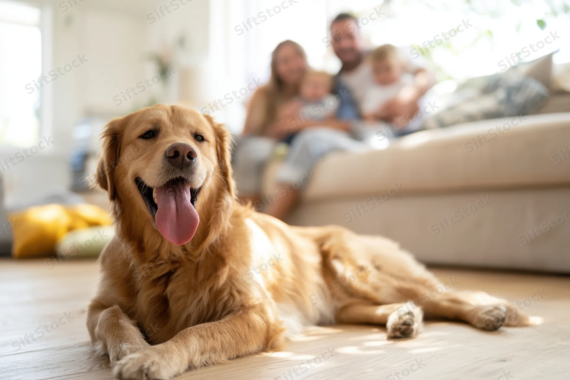 Golden retriever lying on wooden floor with family on couch in background