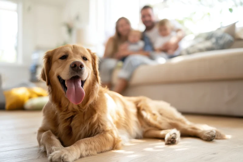 Golden retriever lying on wooden floor with family on couch in background